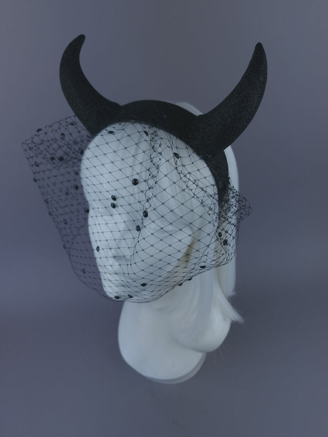 Pearls & Swine: Large Black Glitter Devil Horn Veil Headpiece "Hot Stuff"