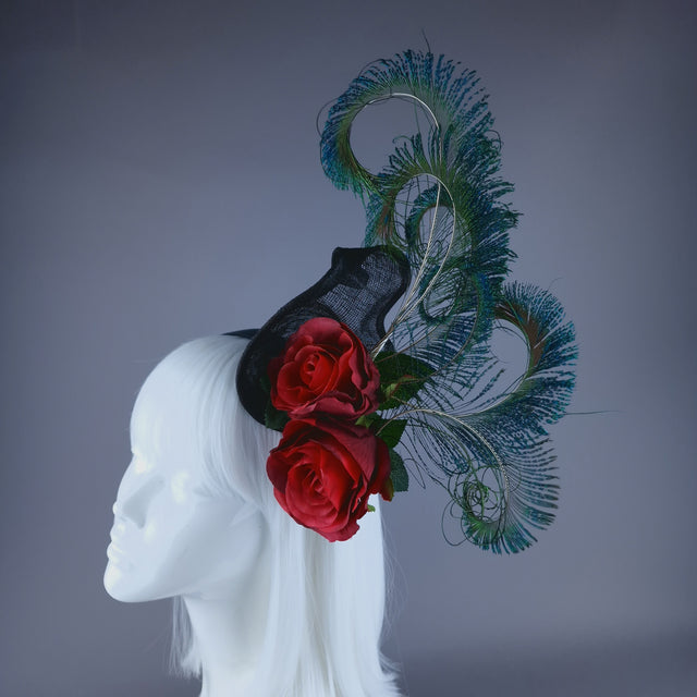 "Sass" Red Rose & Peacock Feather Headdress