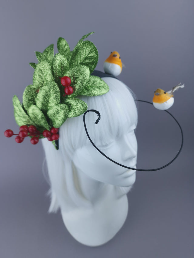 Pearls & Swine: Christmas Headdress with Glittered Leaves, Berries & Robins