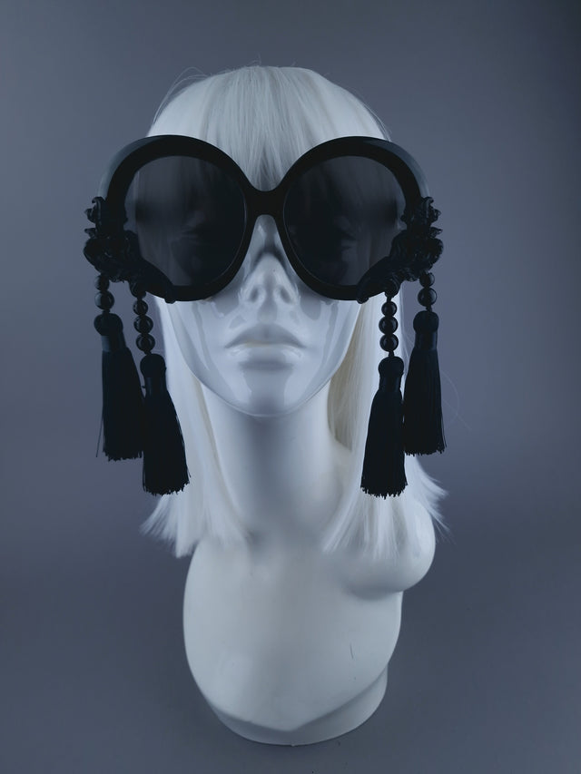 "Talismà" Black Filigree Tassel Oversized Round Sunglasses