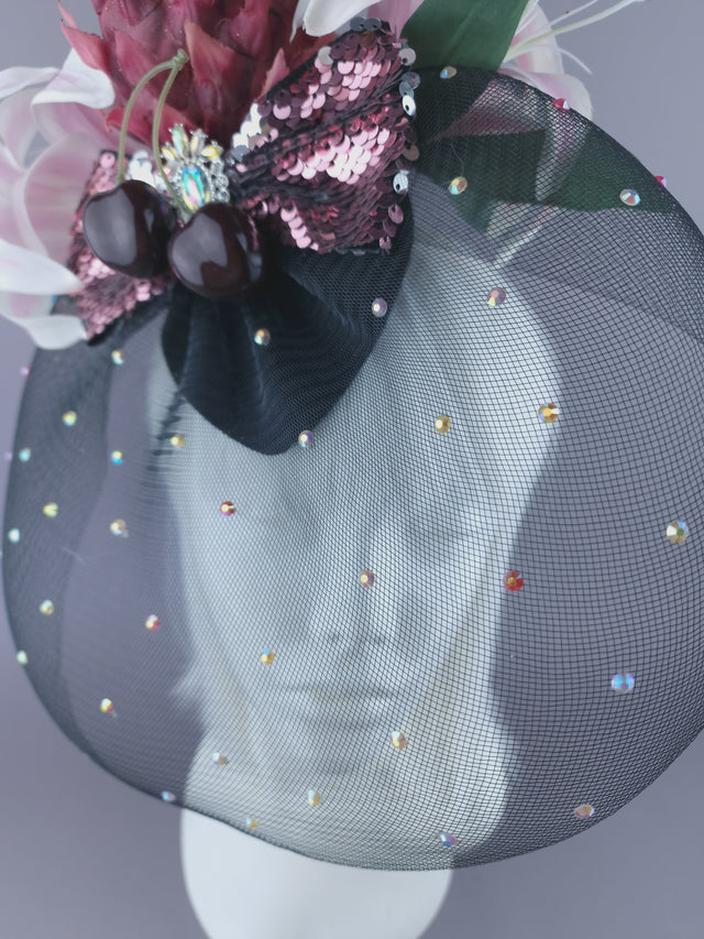 "Tuti" Pink Pineapple Flower Veil Fascinator