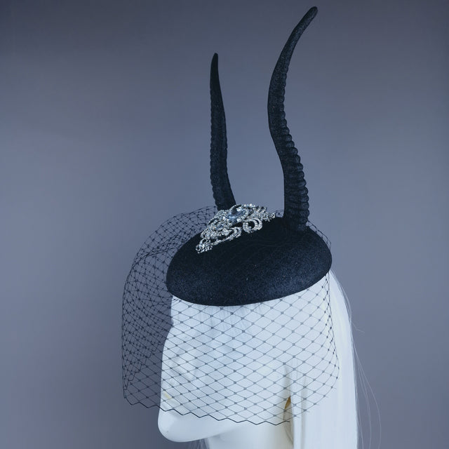 "Cernunnos" Black Glitter Horn & Veil Fascinator Hat