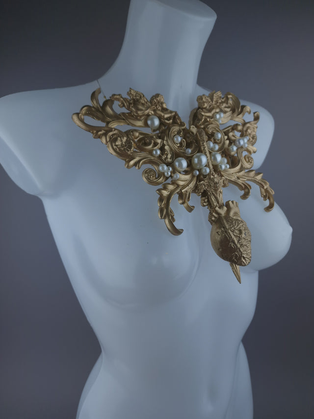 Pearls & Swine: Gold Filigree, Sword, Heart & Pearls Neckpiece "Covenant"