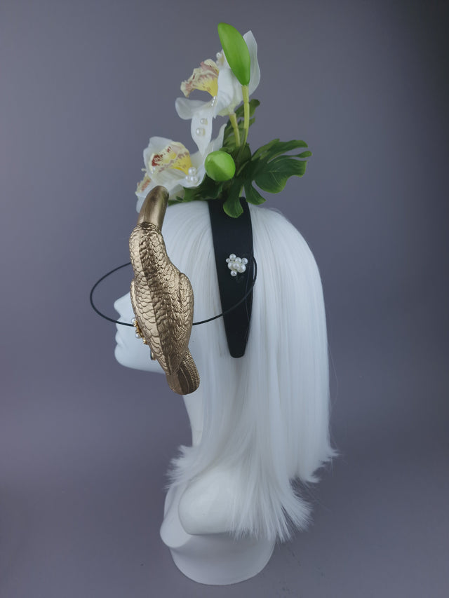 Pearls & Swine: Maximalist Ivory Orchid Floral Headpiece with Toucan