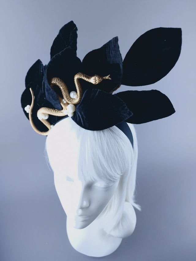 "Edenn" Black Velvet Leaf Gold Snake & Pearl Headdress