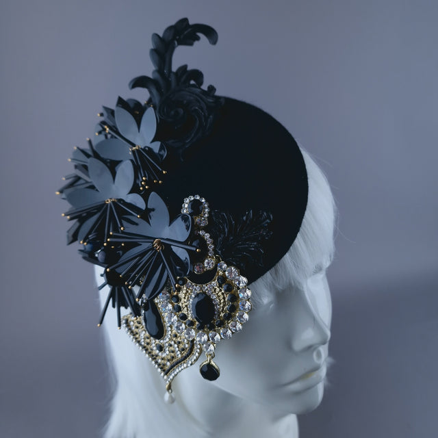 "Noir" Black Flower & Jewel Fascinator Hat
