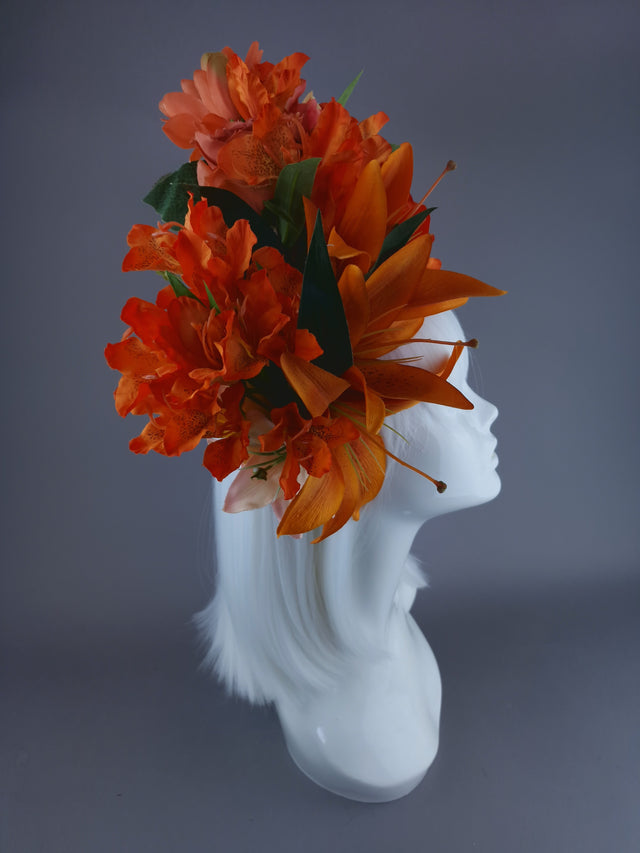 "Rise" Orange Flower & Feather Headdress