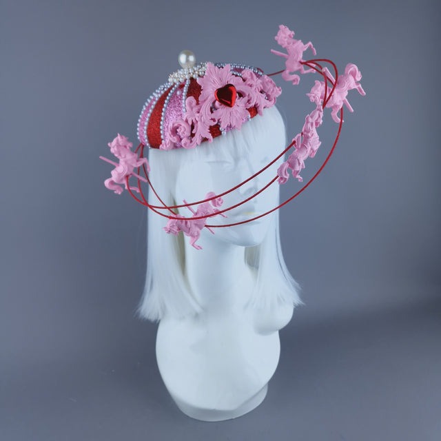 "Cirque Love" Pink, Red & Pearl Circus Carousel Wired Veil Hat