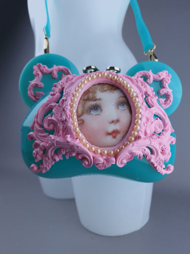 "Sweetpie" Teal Blue & Pink Filigree Teddy Shaped Handbag