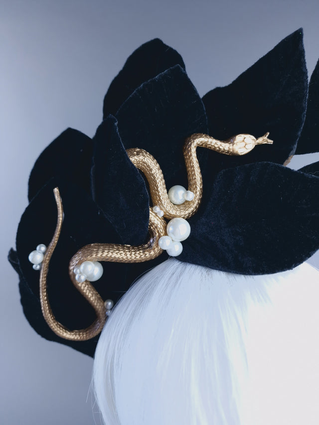 "Edenn" Black Velvet Leaf Gold Snake & Pearl Headdress