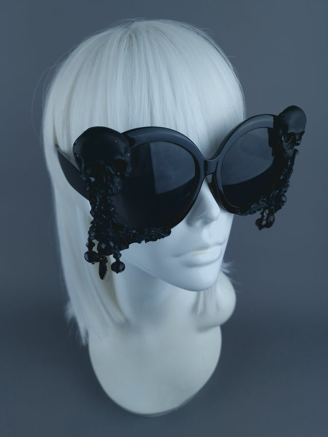 Pearls & Swine: Black Skull Oversized Sunglasses with Filigree & Beading "Keres"