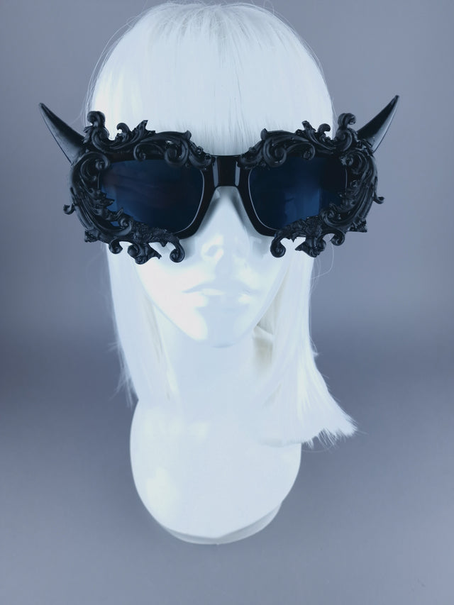 "Superbeast" Unisex Black Filigree Ornate Devil Horn Sunglasses