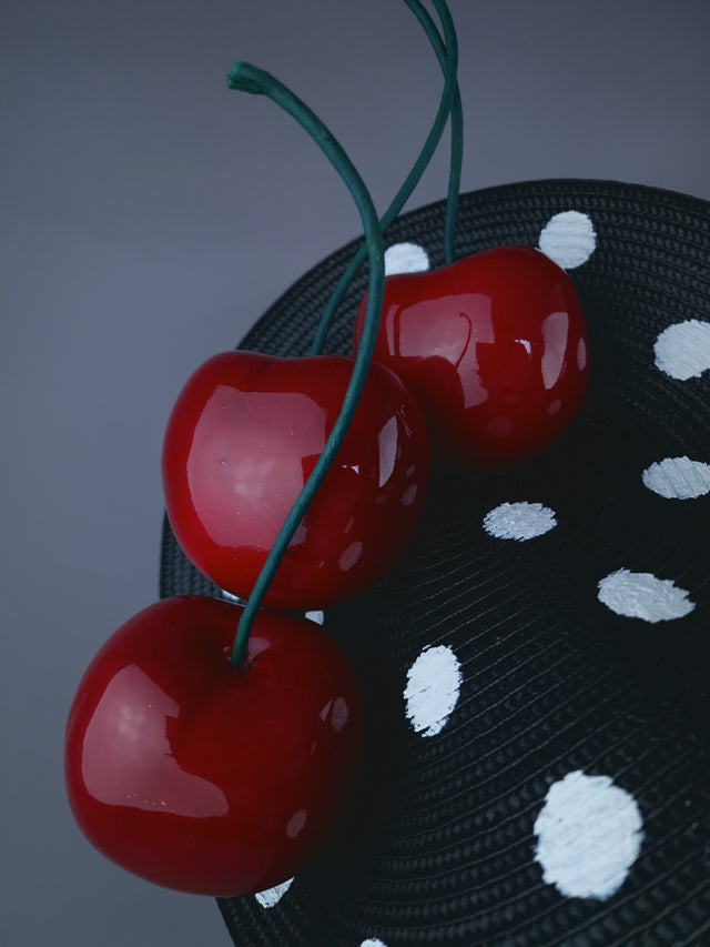 "Dottie" Black & White Polka Dot Giant Cherry Fascinator Hat
