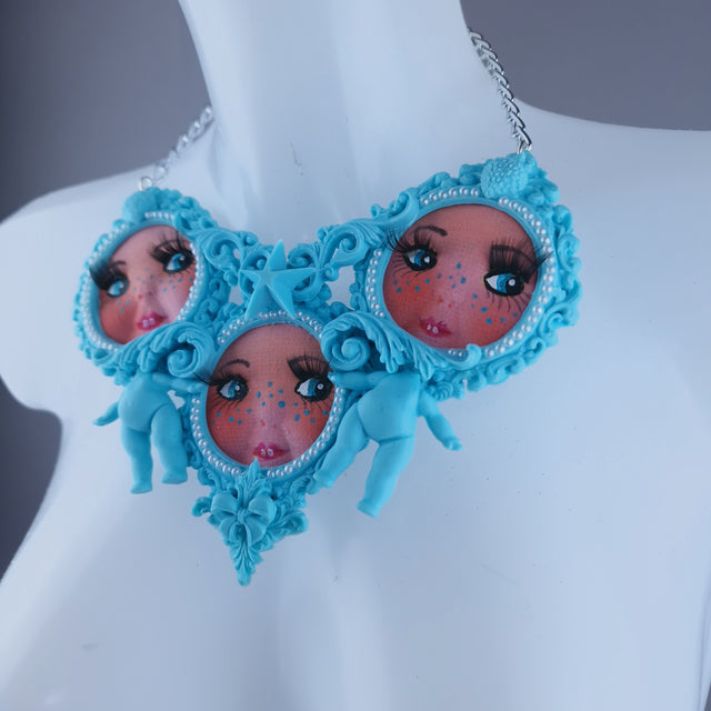 "Triple" Pastel Blue Dollface Filigree & Pearl Neckpiece
