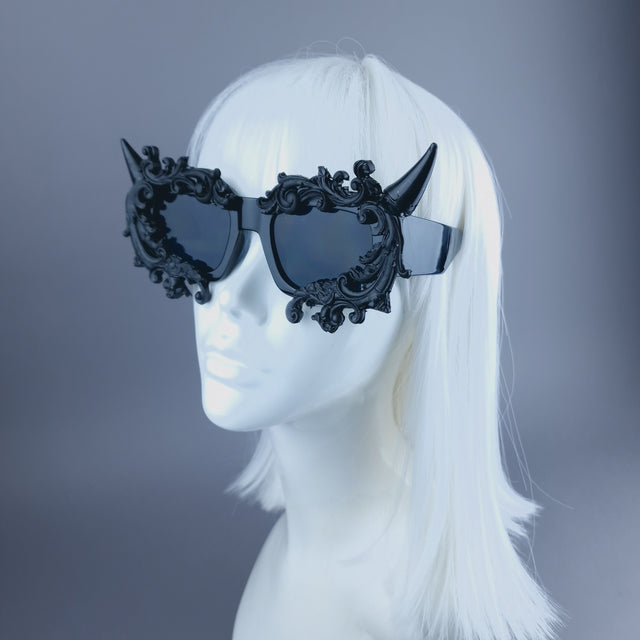 "Superbeast" Unisex Black Filigree Ornate Devil Horn Sunglasses