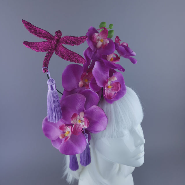 "Lanfen" Pink Purple Orchid, Dragonfly & Tassel Headdress