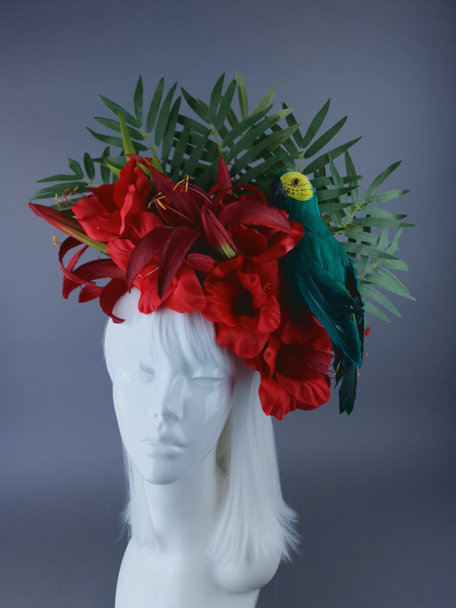 "Alamea" Tropical Red Flowers, Leaf & Parrot Headdress
