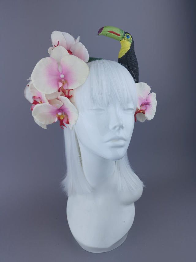 Pearls & Swine: Pink White Flower Headdress with Orchid & Toucan "Kibou"