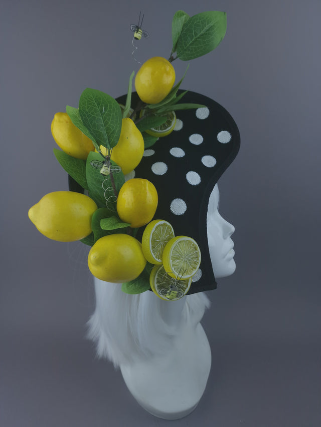 Pearls & Swine: Black & White Polka Dot Hat with Lemons & Bees "Sweet & Sour"