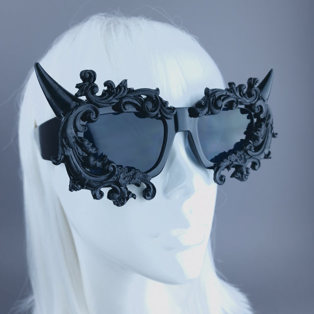 "Superbeast" Unisex Black Filigree Ornate Devil Horn Sunglasses