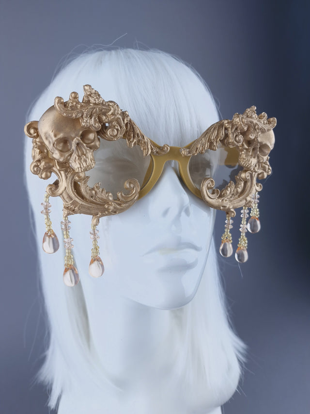 Pearls & Swine Gold Filigree Cat Eye Sunglasses with Skull and Beading "D'or"