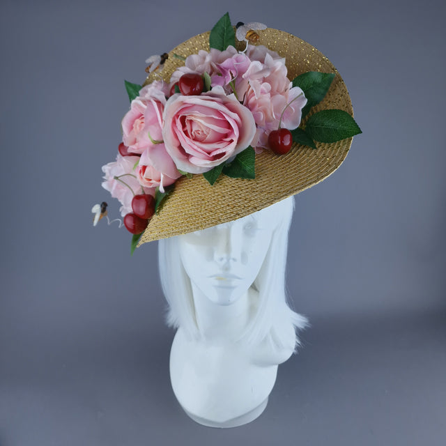"Daphne" Pink Rose & Cherry Fascinator Hat