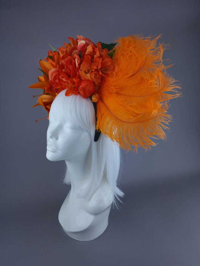 "Rise" Orange Flower & Feather Headdress
