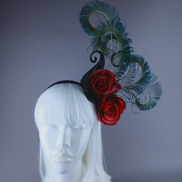 "Sass" Red Rose & Peacock Feather Headdress