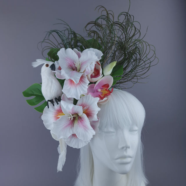 Pearls & Swine: Maximalist White Orchid Floral Feather Headpiece with Parrot