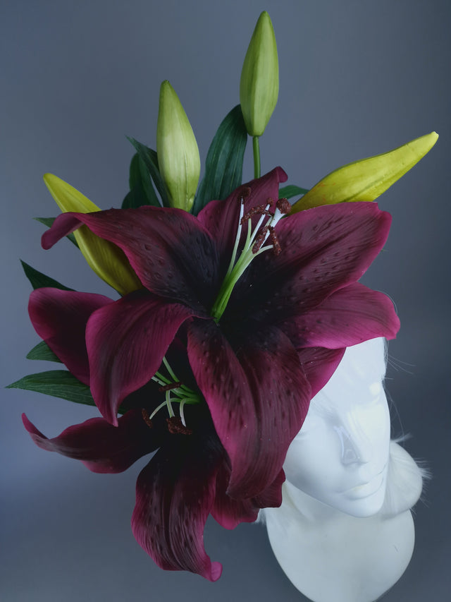 Pearls & Swine: Giant Plum Purple Lily Headdress 'Marisol"