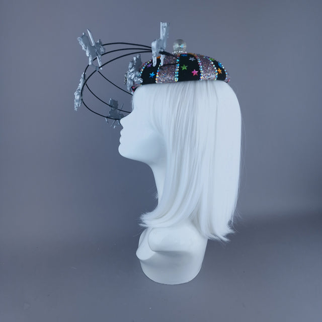 "Cirque Forever" Black, Silver & Colourful Circus Carousel Wired Veil Hat