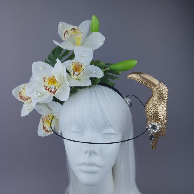 Pearls & Swine: Maximalist Ivory Orchid Floral Headpiece with Toucan