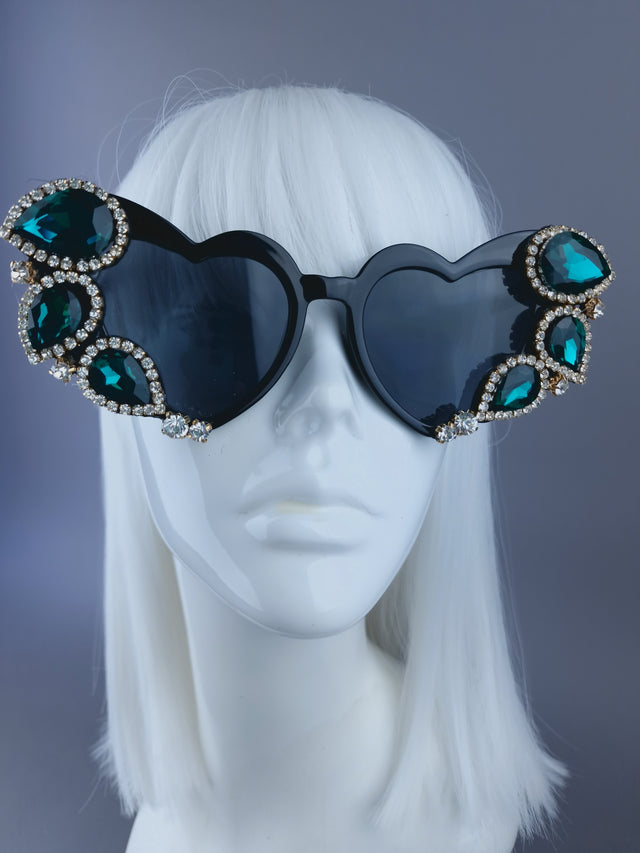 "Dramatique" Green Jewel Heart Shaped Sunglasses