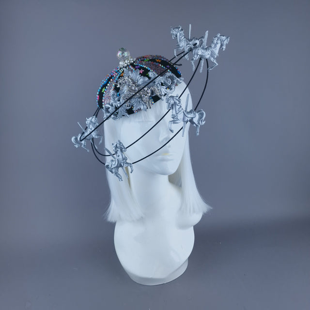 "Cirque Forever" Black, Silver & Colourful Circus Carousel Wired Veil Hat