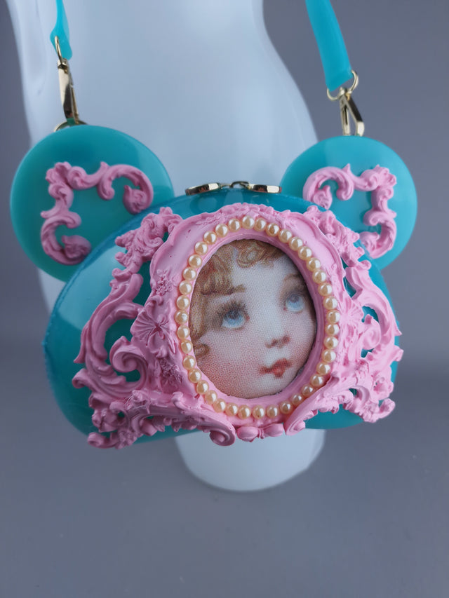 "Sweetpie" Teal Blue & Pink Filigree Teddy Shaped Handbag