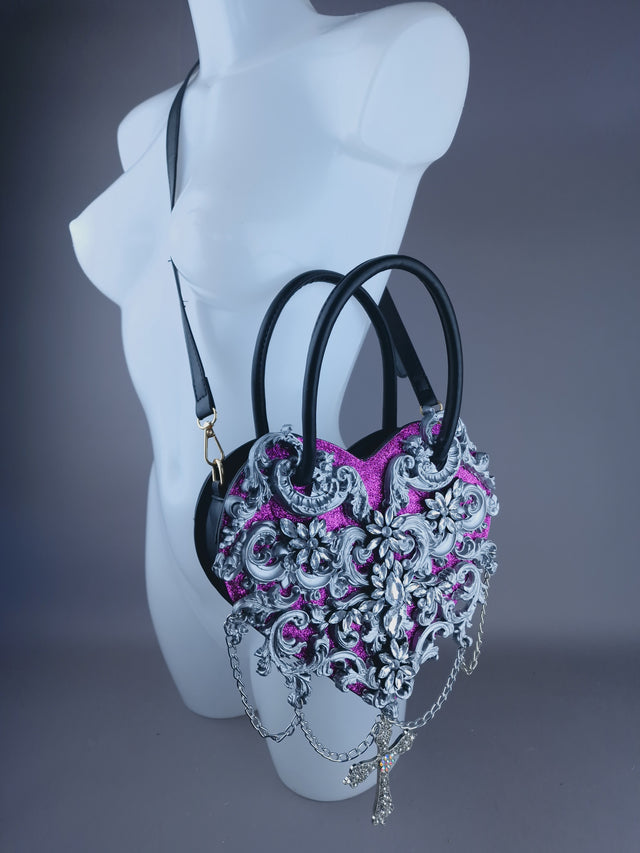 "Beltia" Silver Filigree & Pink Glitter Heart Shaped Handbag