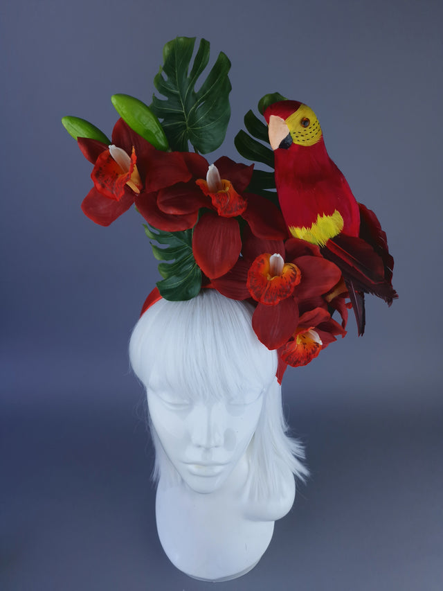 "Firdaus"Tropical Red Orchid, Leaf & Parrot Headdress