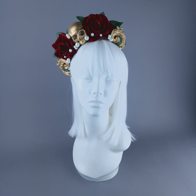 "Erela" Skull, Filigree & Red Rose Headpiece