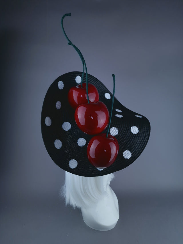 "Dottie" Black & White Polka Dot Giant Cherry Fascinator Hat