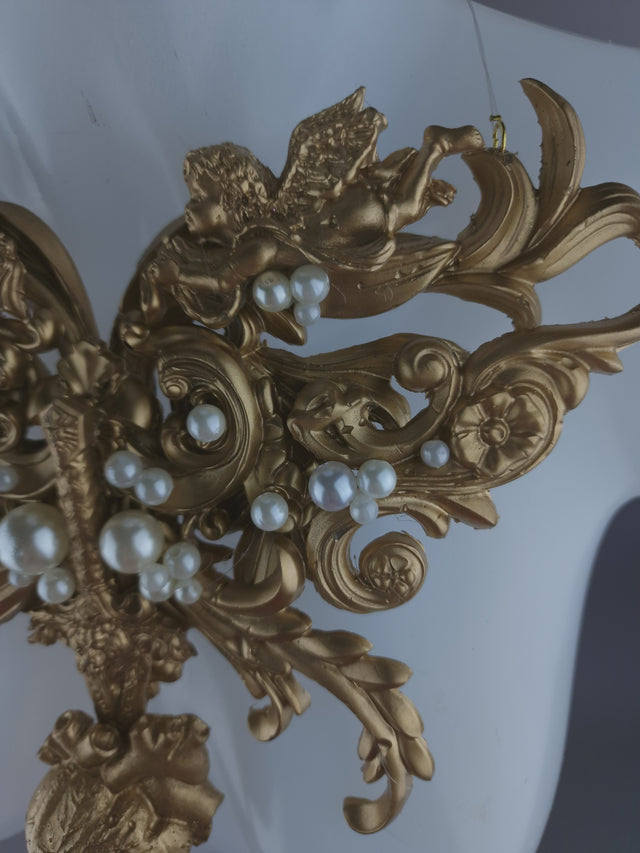 Pearls & Swine: Gold Filigree, Sword, Heart & Pearls Neckpiece "Covenant"