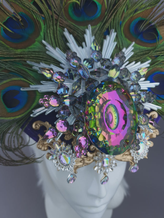 Pearls & Swine: Jewel & Peacock Feather Fascinator Hat "Nile"