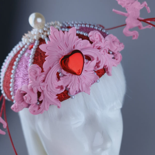 "Cirque Love" Pink, Red & Pearl Circus Carousel Wired Veil Hat
