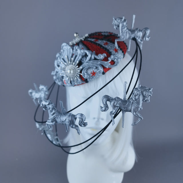 "Cirque Forever" Black, Silver & Red Circus Carousel Wired Veil Hat