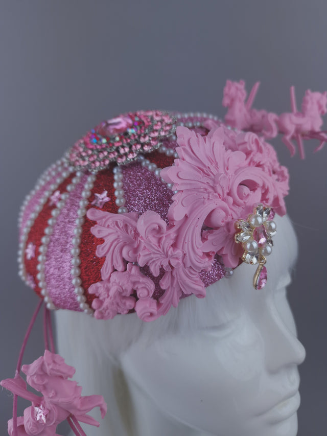 Pearls & Swine: Pink & Red Circus Carousel Wired Veil Hat "Cirque Forever"