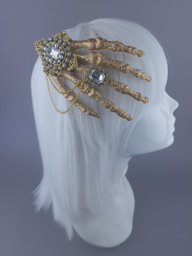"Dust to Dust" Jewelled Glitter Skeleton Hand Mini Headpiece