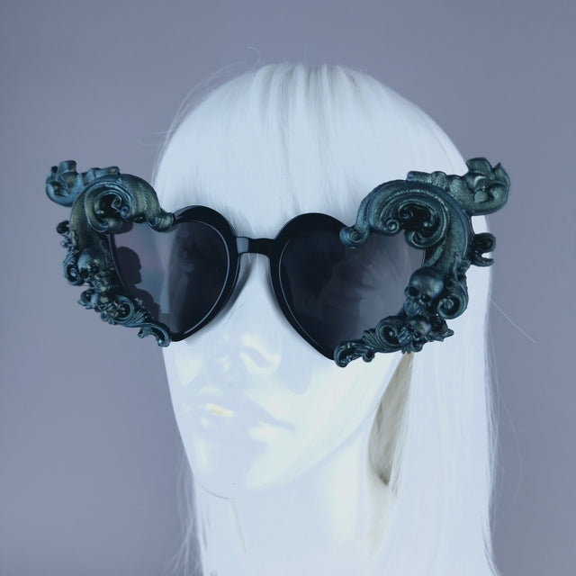 "Jupiter" Teal & Black Filigree Heart Shaped Sunglasses