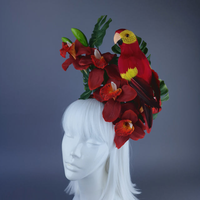 "Firdaus"Tropical Red Orchid, Leaf & Parrot Headdress
