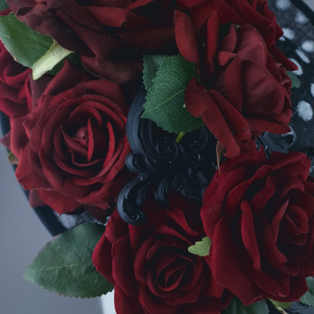 "Alaric" Red Roses, Filigree Black & White Polka Dot Fascinator Hat