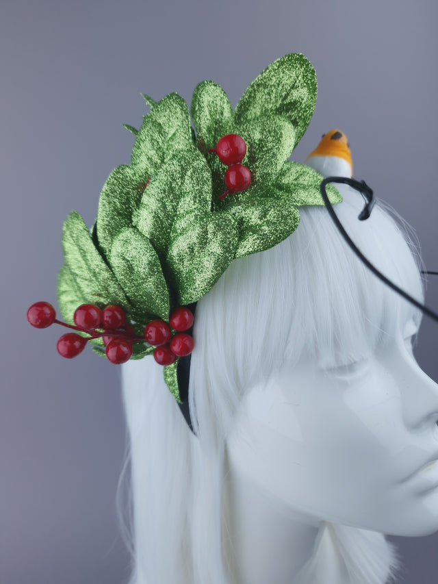 Pearls & Swine: Christmas Headdress with Glittered Leaves, Berries & Robins