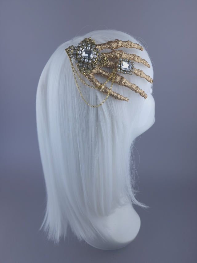 "Dust to Dust" Jewelled Glitter Skeleton Hand Mini Headpiece
